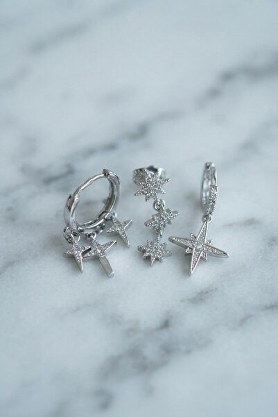 Inure Jewelry طقم أقراط بولار ستار موديل فضي اللون مكون من 3 قطع