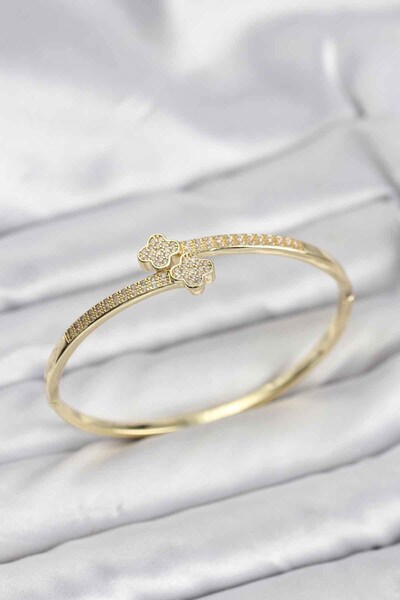 Inure Jewelry Brass Gold Color Zircon Stone Clover Model Women's Handcuff Bra...
