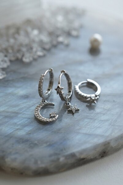 Inure Jewelry طقم أقراط فضية اللون مكون من 3 قطع على شكل قمر ونجمة
