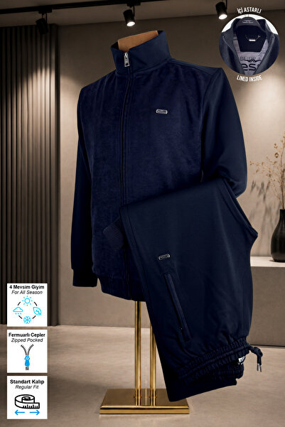 BESSA Navy Blue Suede Detailed Tracksuit Set with Stand Collar, Standard Fit,...