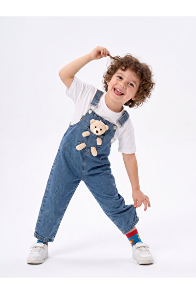 Mişsa Bebe Unisex Jeans Salopet with Teddy Bear Toy 2 Pieces Denim