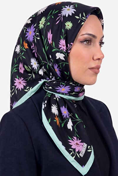 hadiora وشاح نسائي ناعم من القطن العضوي بنقشة الزهور باللون الأسود والأزرق