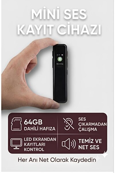 ERG 64 Gb Led Ekranlı Dijital Ses Kayıt Cihazı,Sessiz Çalışma Özelliği