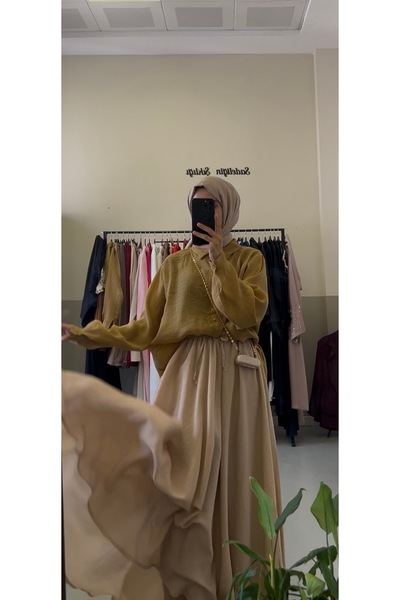 Elif Uysal Atelier Hardal Oversize Düğmeli Kadın Gömlek Uzun Kollu