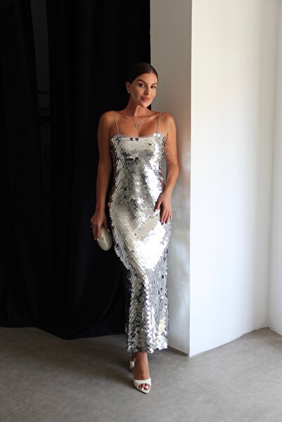 Julidress Rochie premium cu paiete mari, lungime midi, cu bretele și căptușeală