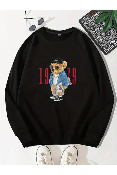Boi Bear 1979 Sweatshirt - Siyah Baskılı Oversize Kalın Bisiklet Yaka