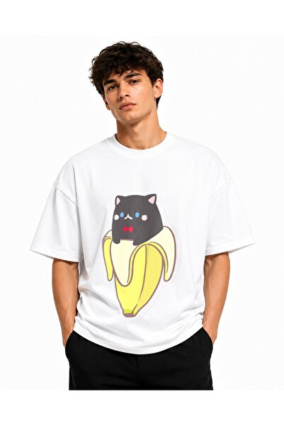 Inscriptie Ουνισέξ Βαμβακερό T-Shirt Υψηλής Ποιότητας  "Μαύρη Γάτα στη Μπανάνα "