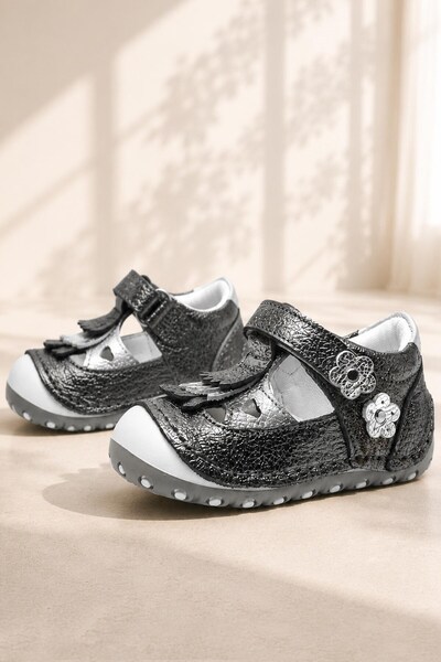 Nıno Genuine Leather Tasseled Silver Velcro Summer First Step Shoes