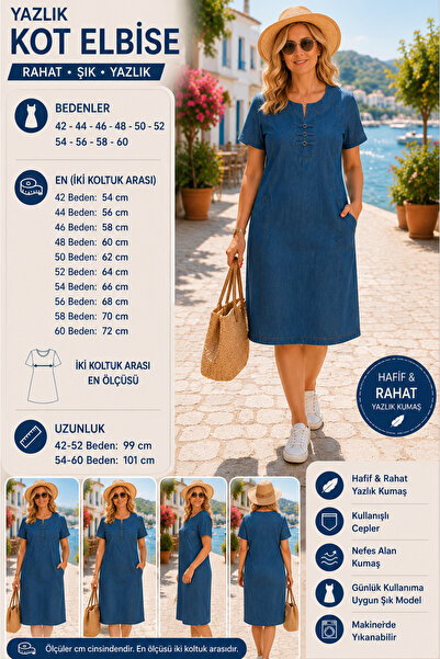 STYLENEST Büyük Beden Kadın Kot Elbise 52-60 Beden Yazlık Salaş Denim Elbise ...