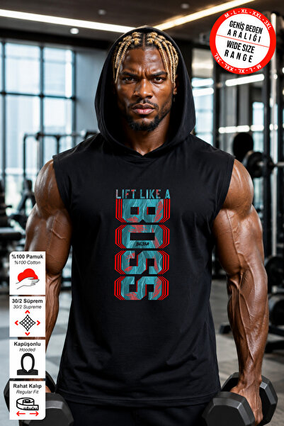 BESSA Siyah Kapüşonlu Sporcu Atleti Hustle Muscle Baskılı Pamuklu Premium Süp...