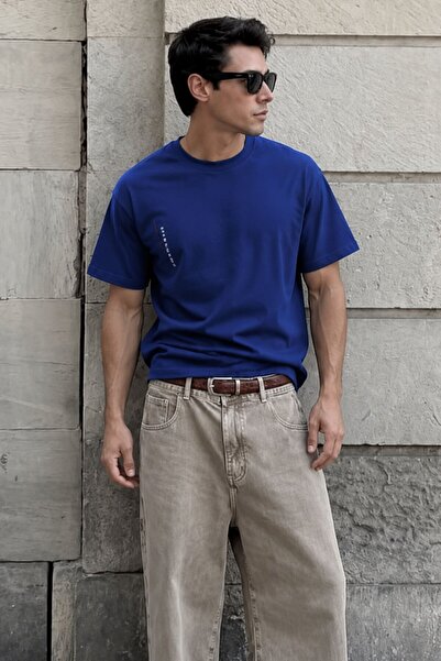 Madmext Navy Blue Crew Neck Printed Short Sleeve Overfit T-Shirt 7036