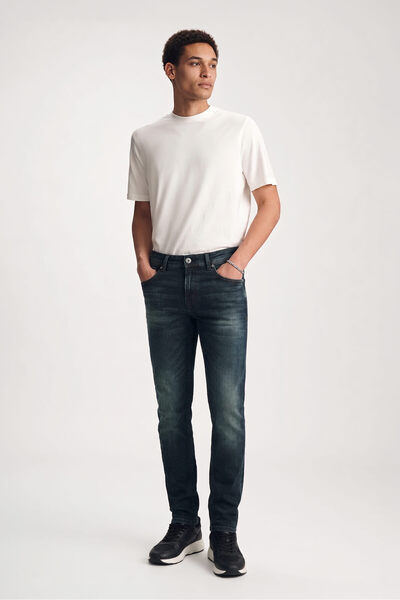 BANNY JEANS Men's Mid-Waist Stonewashed Jean Trousers Navy Blue Narrow Leg