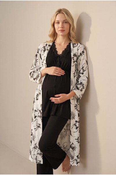 Generic Brand Women's Black Patterned Lace New Season 3-Piece Maternity Pajama Set with Dressing Gown