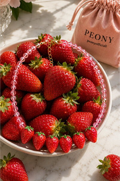 PEONY peonyofficiall Pembe Kristal Çilek Kolye Çelik Kolye Meyve Kolye