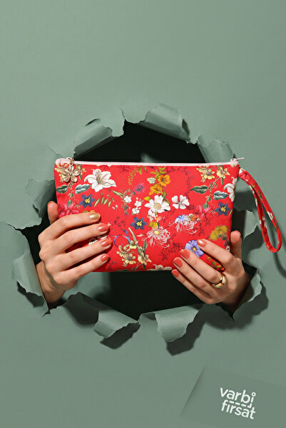 Varbifırsat Desenli Fermuarlı Clutch Çanta Bilek Askılı Günlük El ve Makyaj Ç...