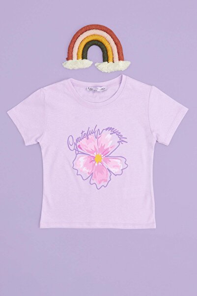 Fulla Moda Flower Printed Crew Neck Girl's T-Shirt