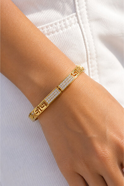 Çi & Sİ Luxury Accessory Grek Desenli Taş Detaylı Gold XUPİNG Kelepçe
