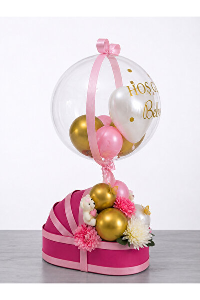 Alfina BOBO Balonlu Pembe Puset Hediye Kutusu – LED Işıklı, Ayıcıklı, Çiçekli...