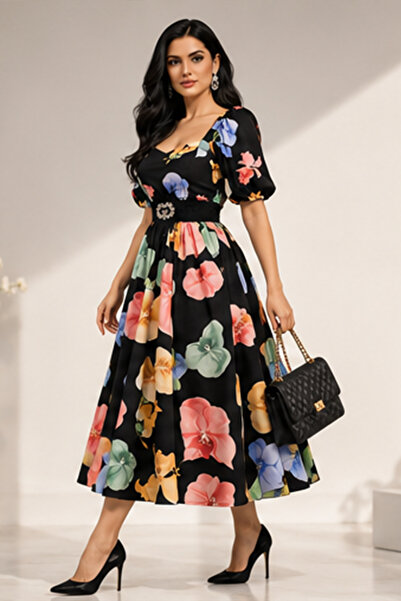 Stylish Fashion فستان من ستايلش فاشن تركي ميدي مورد بقصة واسعة وحزام أنيق
