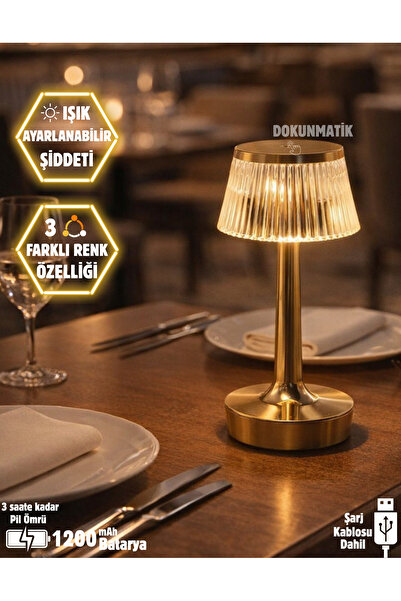 Folveit 3 Işık Renkli Şarjlı Masa Lambası Dim Edilebilir Gold Metal Görünümlü...