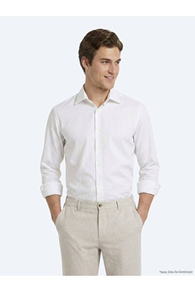 Kip White Plain Regular Fit Long Woven Classic Cotton Blend Shirt