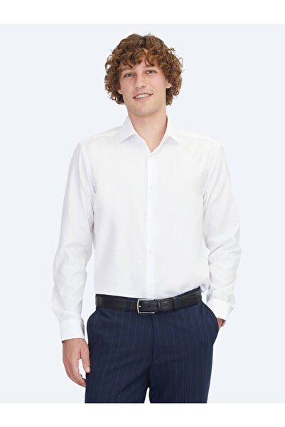 Kip White Regular Fit Long Woven Classic 100% Cotton Shirt