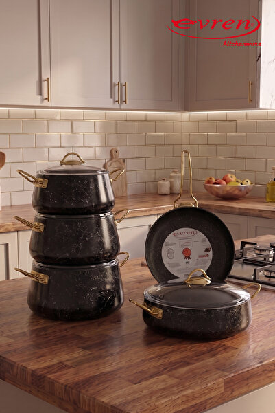 Evren 9 Piece Black Spider Granite Cookware Set Non-Stick Base