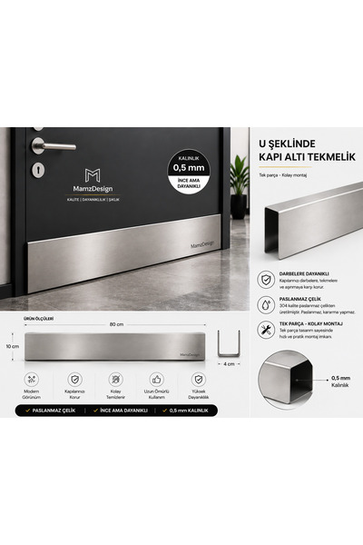 mamzdesign U Şekilli Paslanmaz Çelik Kapı Altı Tekmelik 10 cm – 0,5 mm 80 CM ...