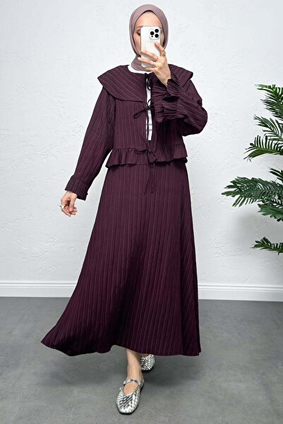 Salih Çelebi Wide Collar Skirt Suit Y0091 - Mürdüm
