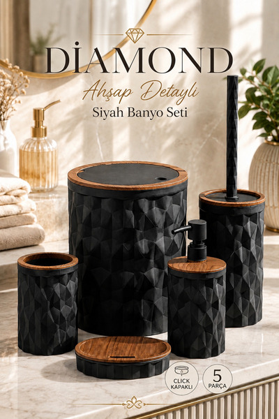 Store Hgy Home Wooden Detailed Black Diamond 5-Piece Bathroom Set
