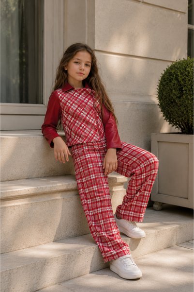 HC Kids Wear Kız Çocuk Kareli Deri Detaylı Kırmızı Alt Üst Takım