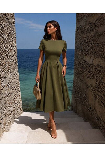 Modafeminen Haki Mock Neck Short Sleeve Flared Evening Dress 58554