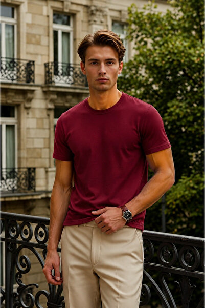 DAMGA JEANS تي شيرت رجالي بأكمام قصيرة من القطن بنسبة 100% باللون الأحمر الداكن