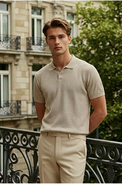 DAMGA JEANS تي شيرت رجالي صيفي بأكمام قصيرة وياقة بولو باللون البيج