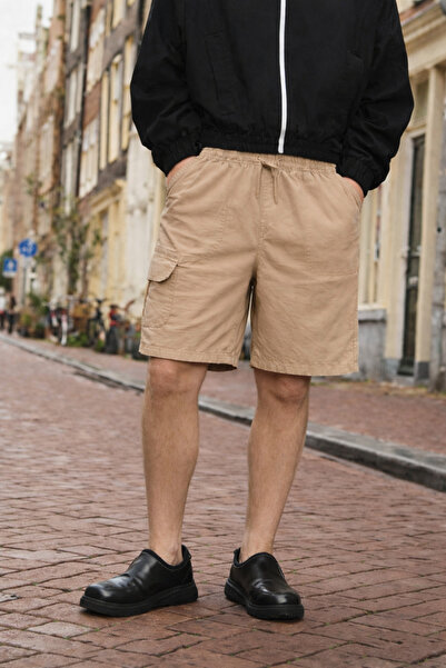 DAMGA JEANS Ανδρικό λινό σορτς Premium Jogger Relax σε μπεζ χρώμα με τσέπες C...