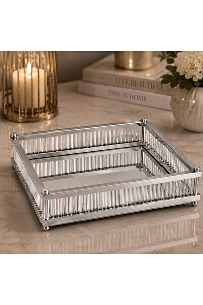 Hinora Square Glass Bar Presentation Tray Mirrored Silver Metal Decorative Tr...