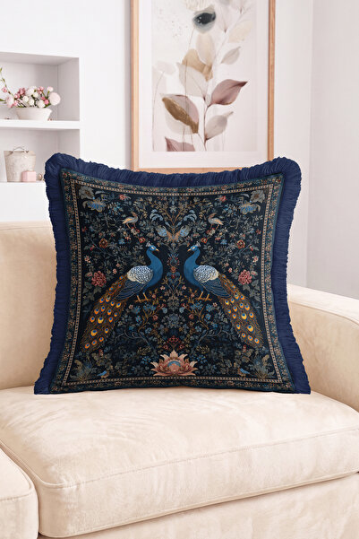 Realhomes Navy Blue Fringed Throw Pillow Cover with Double Peacocks and Flora...
