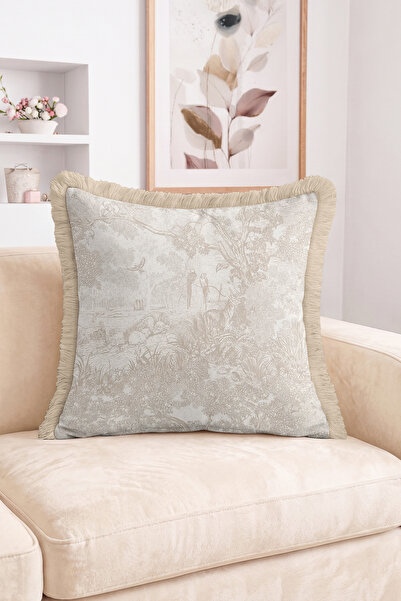Realhomes Beige Fringed Cushion Cover with Deer and Bird Detail and Forest La...