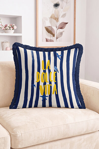 Realhomes La Dolce Vita Written Sea-Themed Fringed Throw Pillow Cover with St...