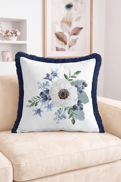 Realhomes Flower, Leaf and Blueberry Fruit Pattern Fringed Throw Pillow Cover...