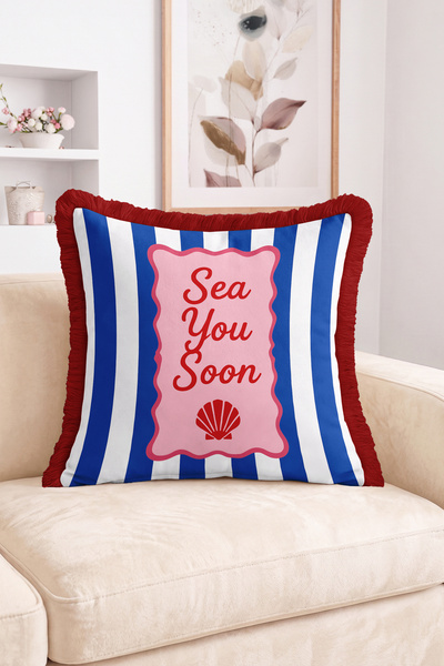 Realhomes Sea You Soon Written Sea Shell Motif Striped Retro Fringed Throw Pi...