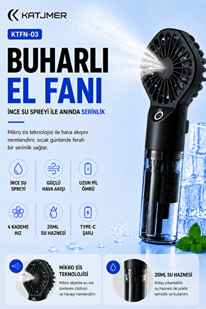KATJMER KTFN-03 Şarjlı Buhar Destekli El Fanı Mini Nemlendiricili Taşınabilir...