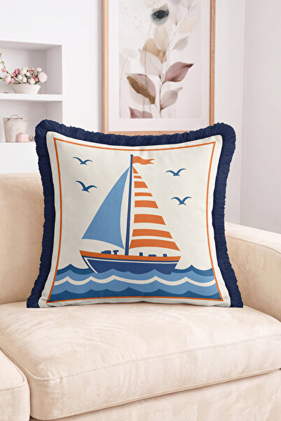 Realhomes Fringed Throw Pillow Cover with Sailboat and Seagull Figures and Wa...