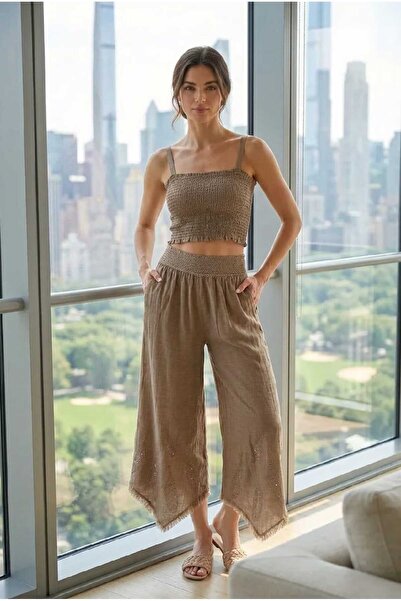 pier moda Women's Feather Embroidered Linen Trousers-Brown Baggy 100% Cotton ...