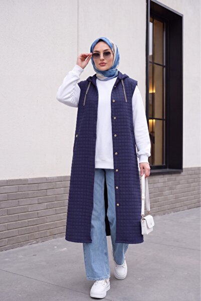 Modamorfo Buttoned Hooded Quilted Long Vest with Pockets - Navy