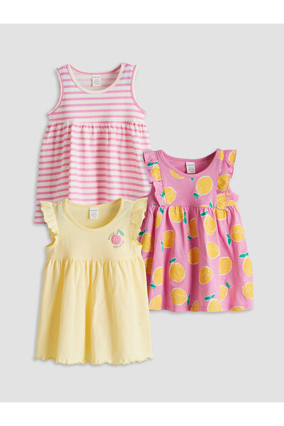 LC Waikiki Trendlucky Farkıyla Oval Collar Baby Girl Combed Cotton Dress 3-Piece