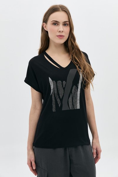 DAIDO Women's Strap Detailed V-Neck Short Sleeve Graphic Printed Regular Fit T-Shirt 20Y311900828