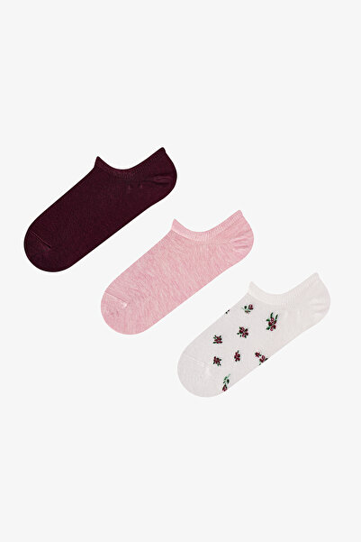 Penti White Pink Soft Garden Floral Patterned Cotton 3 Pairs Sneaker Socks