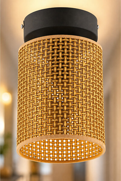 NisaLuce Nisa Luce Zenno Hasır Plafonyer avize-kahve •• 12 x 18 Cm Rattan Doğ...