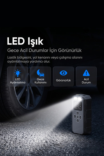 S-LINK AKT2027 Koyu Gri 8000mAh 150 Psi 4 in1 Powerbank+ LED Işık Lastik Sisirme Ve Akü Takviye ciha